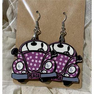 New Handmade Purple Peace Volkswagon Love Bug MDF Wood Dangle Earrings Stars